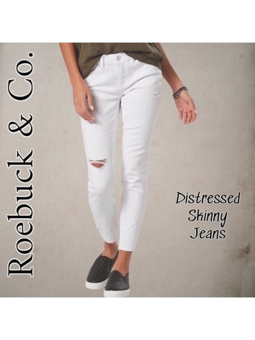 NWOT ROEBUCK & Co. Vintage Distressed Raw Hem Skinny Jeans White/12R